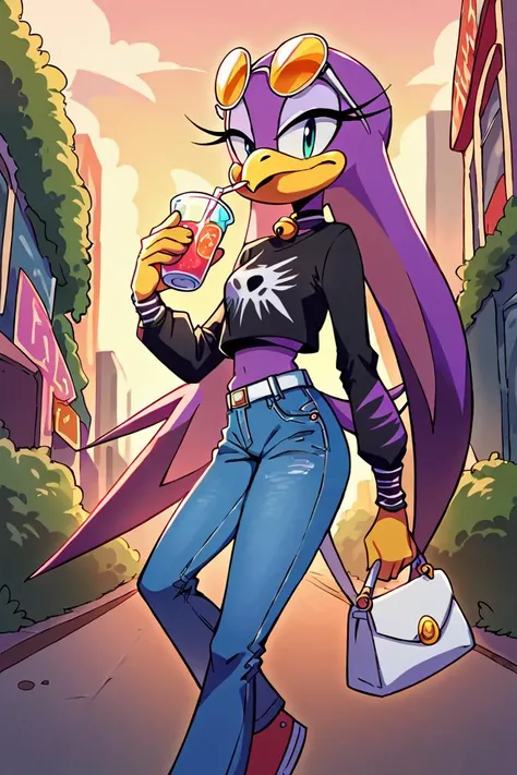 score_9, score_8_up, 2D, flat color, 1girl, wave the swallow, an avian from the sonic (series), outdoors, city, holding drink, eyewear on face, jeans, cropped grunge shirt, long sleeves, low-rise jeans, bell bottom jeans, boxers, y2k, white belt, purse <lora:Smooth Anime 2 Style SDXL_LoRA_Pony Diffusion V6 XL:1> <lora:WaveSDXL:0.70>