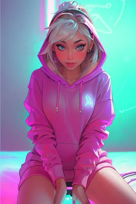 DEN_yajana_OF,
(sitting at a computer wearing headphones and playing games (holding a controller:1.2) wearing a (hoodie:1.2) in a (neon lit room:1.3), (gamer:1.2), gaming, (gamer girl:1.3), games, (purple lighting, neon:1.2):1.2),
bokeh, f1.4, 40mm, photorealistic, raw, 8k, textured skin, skin pores, intricate details <lora:epi_noiseoffset2:1>, epiCRealism <lora:ClothingAdjuster3:-1>