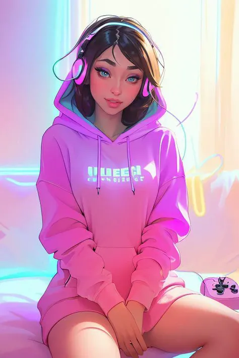 DEN_yajana_OF,
(sitting at a computer wearing headphones and playing games (holding a controller:1.2) wearing a (hoodie:1.2) in a (neon lit room:1.3), (gamer:1.2), gaming, (gamer girl:1.3), games, (purple lighting, neon:1.2):1.2),
bokeh, f1.4, 40mm, photorealistic, raw, 8k, textured skin, skin pores, intricate details  <lora:epi_noiseoffset2:1>, epiCRealism <lora:ClothingAdjuster3:-1>