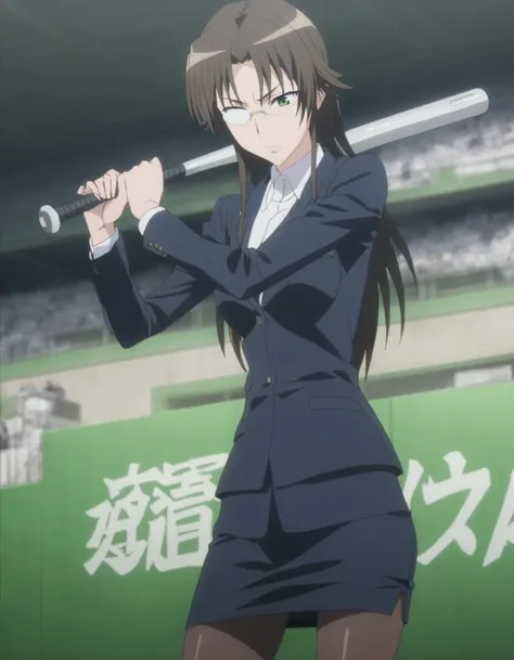 1girl,solo,
<lora:ryoukanXL1:0.8>,ryoukan,
brown hair,long hair,green eyes,opaque glasses,pantyhose,suit, pencil skirt,,
 <lora:battingstance_XL_v1:1>,batting stance, baseball bat, speed lines, motion blur, motion lines,, cowboy shot, looking down, disappointed, harbor,, Baseball Stadium,
masterpiece, best quality, ultra detailed, highres,4k,(ultra-detailed:1.4) (illustration:0.5), (ray tracing,:0.8),(anime colored:0.7),(ai-generated:0.5), (anime screencap:1.2),