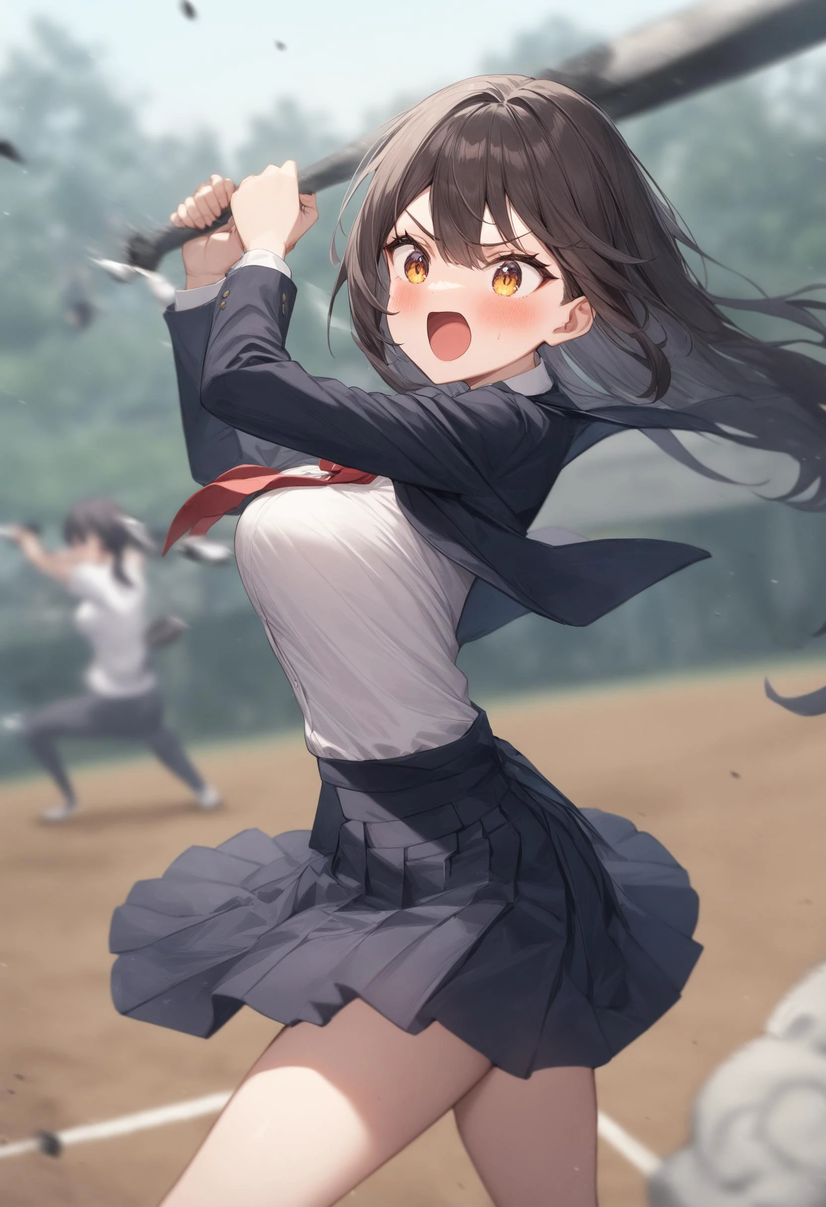 1girl, <lora:sdxl2-flat2-512b:-1>,medium breasts,school uniform,
<lora:battingstance_XL_v1:1>,batting stance, baseball bat, speed lines, motion blur, motion lines,
from side, panorama shot, looking ahead, doyagao, geyser, open mouth,
masterpiece, best quality, very aesthetic, absurdres