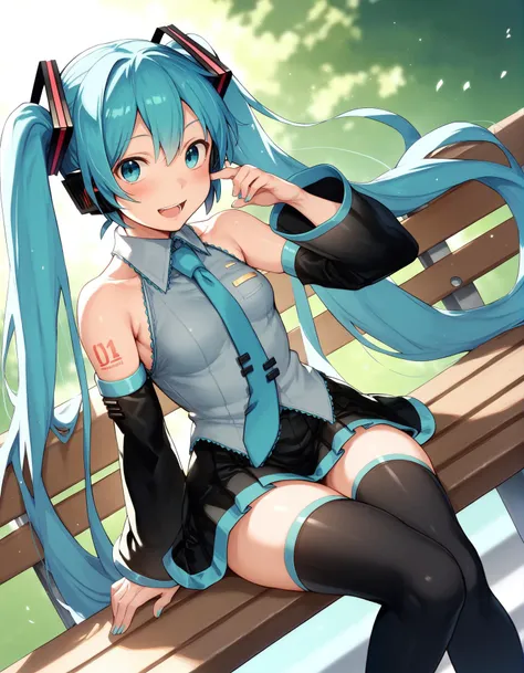 score_9, score_8_up,score_7_up,score_6_up, a girl is sitting on a park bench, smile, open mouth, blush, detached sleeves, black thighhighs, black skirt, hatsune miku, <lora:salad_style_pony6_v1-000024:.9> , dutch angle,