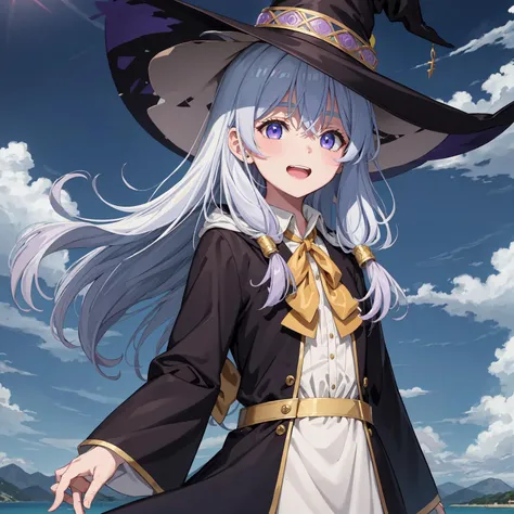 (masterpiece:1.6, best quality), (finely detailed beautiful eyes: 1.2), phelaina, Eouftit3, Eof3, 1girl, elaina (majo no tabitabi), solo, witch hat, long hair, black headwear, blue eyes, collared shirt, hair between eyes, white shirt, ribbon, yellow ribbon, bangs, upper teeth only, teeth, neck ribbon, bow, witch, open clothes, blush, anime coloring, hood, yellow bow, jewelry, floating hair, yellow bowtie, shiny hair, bowtie, black robe, wing collar, open robe, purple eyes, dress shirt , anime color, <lora:elaina-ph_64:1>
