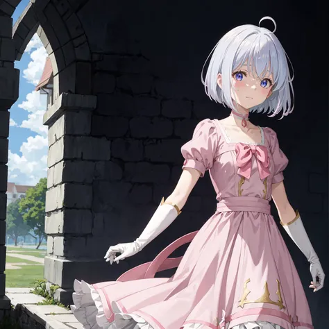 ph elaina, Eoutfit5, elaina (majo no tabitabi), (masterpiece:1.6, best quality), ahoge, dress, choker, short hair, pink dress, 1girl, short sleeves, puffy short sleeves, white hair, purple eyes, pink gloves, pink choker, hair between eyes, bow, blurry background, collarbone, blue eyes, elbow gloves, bangs, solo, pink bow, red bow, jewelry , anime color, <lora:elaina-ph_64:1>