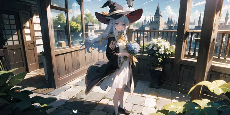 (masterpiece, best quality),
1girl,(full body:0.7),holding_bouquet,
<lora:elaina-ph_64>,phelaina,Eouftit3,elaina (majo no tabitabi),witch hat,long hair,black headwear,blue eyes,collared shirt,hair between eyes,white shirt,yellow ribbon,bangs,neck ribbon,witch,open clothes,blush,hood,yellow bow,jewelry,floating hair,yellow bowtie,shiny hair,black robe,open robe,dress shirt,
wide_shot,(depth of field:1.1),
library,(balcony:0.8),plant,flower,floor,blue sky,lens_flare,blurry,