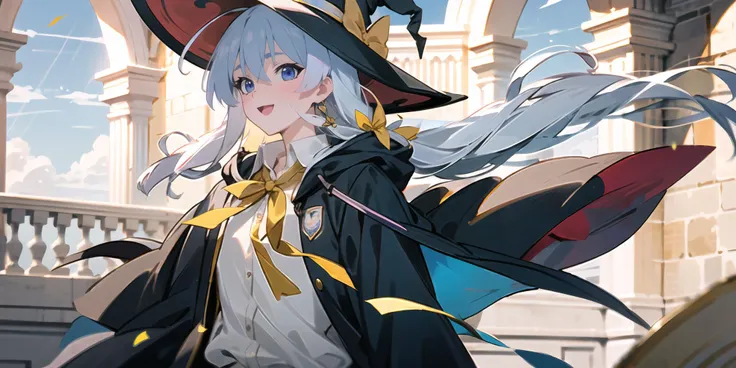 (masterpiece, best quality),
1girl,(full body:0.7),
<lora:elaina-ph_64>,phelaina,Eouftit3,elaina (majo no tabitabi),witch hat,long hair,black headwear,blue eyes,collared shirt,hair between eyes,white shirt,yellow ribbon,bangs,neck ribbon,witch,open clothes,blush,hood,yellow bow,jewelry,floating hair,yellow bowtie,shiny hair,black robe,open robe,dress shirt,
upper_body,depth of field,
castle,indoor,floor,balcony,blue sky,lens_flare,