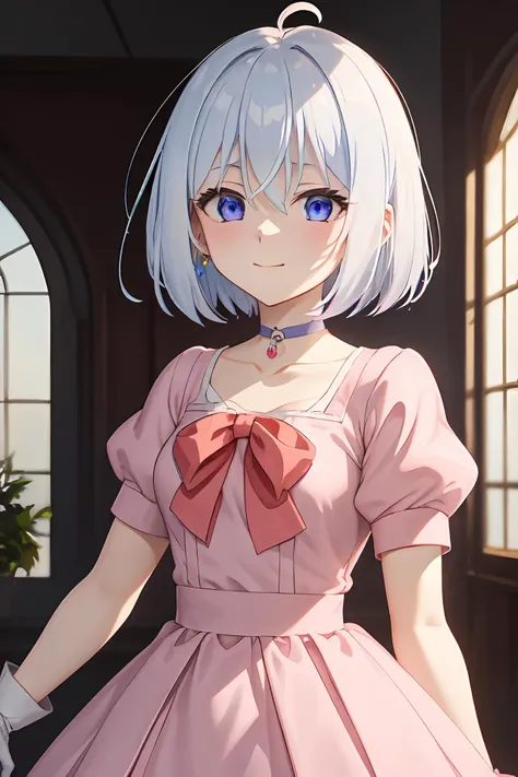ph elaina, Eoutfit5, elaina (majo no tabitabi), (masterpiece:1.6, best quality), ahoge, dress, choker, short hair, pink dress, 1girl, short sleeves, puffy short sleeves, white hair, purple eyes, pink gloves, pink choker, hair between eyes, bow, collarbone, blue eyes, elbow gloves, bangs, solo, pink bow, red bow, jewelry
, anime color, <lora:elaina-ph_64:1>