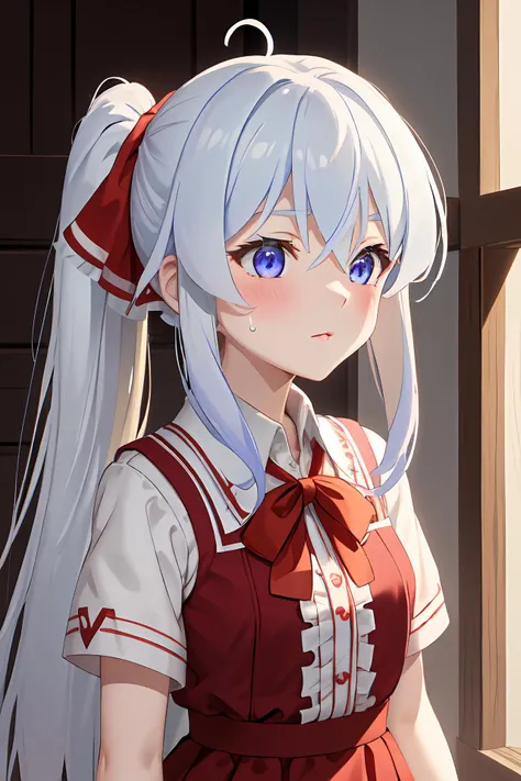 ph elaina, Eoutfit1, elaina (majo no tabitabi), (masterpiece:1.6, best quality), ahoge, shiny hair, long hair, bangs, shiny, hair between eyes, sweatdrop, blue eyes, sidelocks, ribbon, ponytail, dress, red ribbon, collared shirt, hair ribbon, red shirt, short sleeves, parted lips, red dress, frills, white hair, hair bow, red bow, wing collar, bow, white shirt, blush, sweat, alternate hairstyle, purple eyes, crossed bangs
<lora:elaina-ph_64:1>