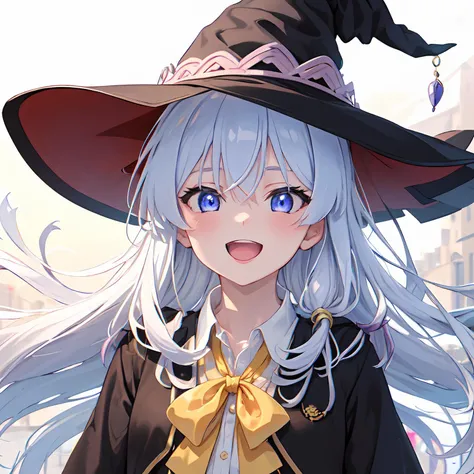 (masterpiece:1.6, best quality), (finely detailed beautiful eyes: 1.2), phelaina, Eouftit3, Eof3, 1girl, elaina (majo no tabitabi), solo, witch hat, long hair, black headwear, blue eyes, collared shirt, hair between eyes, white shirt, ribbon, yellow ribbon, bangs, upper teeth only, teeth, neck ribbon, bow, witch, open clothes, blush, anime coloring, hood, yellow bow, jewelry, floating hair, yellow bowtie, shiny hair, bowtie, black robe, wing collar, open robe, purple eyes, dress shirt
, anime color, <lora:elaina-ph_64:1>