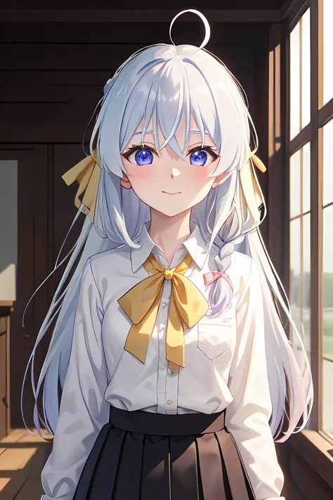 ph elaina, Eoutfit4, elaina (majo no tabitabi), (masterpiece:1.6, best quality), (finely detailed beautiful eyes: 1.2), solo, ahoge, long hair, bow, white shirt, blush, skirt, bangs, hair between eyes, braid, pink bow, blue eyes, bowtie, hair bow, collared shirt, ribbon, long sleeves, yellow bow, blurry background, blurry, yellow bowtie, shiny hair, neck ribbon, dress shirt, black skirt, sidelocks, pleated skirt, pocket, yellow ribbon, hair tubes, white hair, single braid, wing collar, pink ribbon, school uniform, shiny, hair ribbon, purple eyes
, anime color, <lora:elaina-ph_64:1>