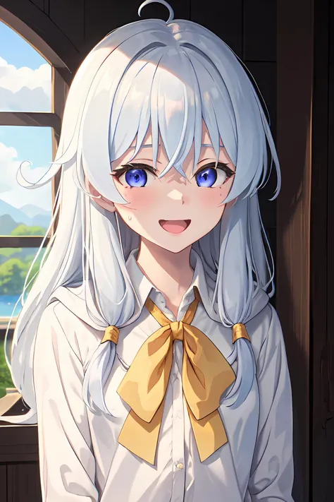 ph elaina, Eoutfit4, elaina (majo no tabitabi), (masterpiece:1.6, best quality), (finely detailed beautiful eyes: 1.2), 1girl, solo, long hair, ahoge, blue eyes, white shirt, bow, braid, collared shirt, hair between eyes, bangs, sweat, anime coloring, sweatdrop, ribbon, white hair, upper teeth only, hair bow, teeth, neck ribbon, pink bow, yellow ribbon, meme, hood, yellow bow, parody, open clothes, purple eyes, hair tubes, yellow bowtie
,  anime color,  <lora:elaina-ph_64:1>