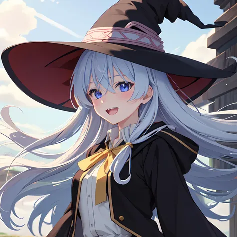 (masterpiece:1.6, best quality), (finely detailed beautiful eyes: 1.2),  phelaina, Eouftit3,  Eof3, 1girl, elaina (majo no tabitabi), solo, witch hat, long hair, black headwear, blue eyes, collared shirt, hair between eyes, white shirt, ribbon, yellow ribbon, bangs, upper teeth only, teeth, neck ribbon, bow, witch, open clothes, blush, anime coloring, hood, yellow bow, jewelry, floating hair, yellow bowtie, shiny hair, bowtie, black robe, wing collar, open robe, purple eyes, dress shirt
,  anime color,  <lora:elaina-ph_64:1>