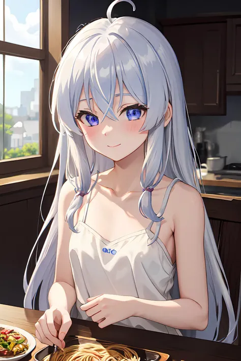 ph elaina, Eoutfit1, elaina (majo no tabitabi), (masterpiece:1.6, best quality), solo, long hair, ahoge, hair between eyes, collarbone, blue eyes, bangs, white hair, sleeveless, bare shoulders, shiny hair, camisole, spaghetti strap, white shirt, purple eyes, shiny, sleeveless shirt, blush, very long hair, sidelocks, sleeveless dress, dress
<lora:elaina-ph_64:1>