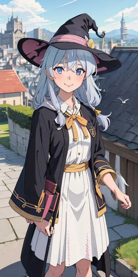 1girl, ahoge, animal, architecture, bangs, bird, blue eyes, blue sky, braid, bridge, building, castle, city, cityscape, closed mouth, cloud, cloudy sky, day, dove, east asian architecture, elaina \(majo no tabitabi\), holding, looking at viewer, mountain, ocean, off shoulder, outdoors, rooftop, scenery, seagull, silver hair, sky, skyscraper, smile, solo, tower, town, <lora:elaina-ph_64:1>,phelaina, Eouftit3, elaina (majo no tabitabi),1girl, solo, witch hat, long hair, black headwear, blue eyes, collared shirt, hair between eyes, white shirt, yellow ribbon, bangs, neck ribbon, witch, open clothes, blush, anime coloring, hood, yellow bow, jewelry, floating hair, yellow bowtie, shiny hair, black robe, open robe, dress shirt