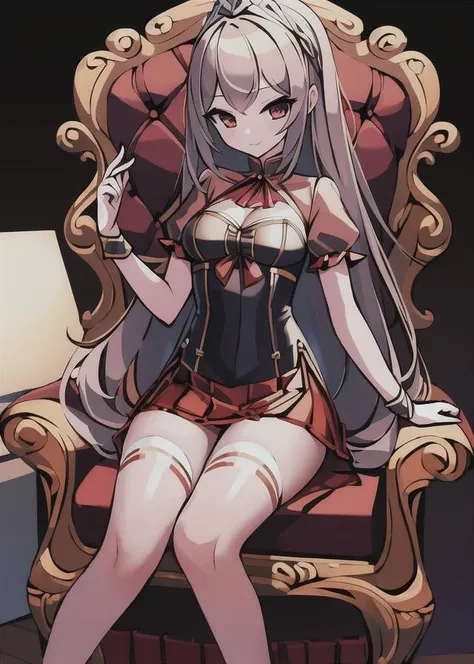 nsfw, masterpiece, extra limbs,1 vampire, ,silver extremely long hair,silver pubic hair, slant eyes blank red eyes, flat chest small nipples small  areolas,athlete skinny pale white skin body,sullen,crossed legs,((clothed corset dress)),sitting on throne