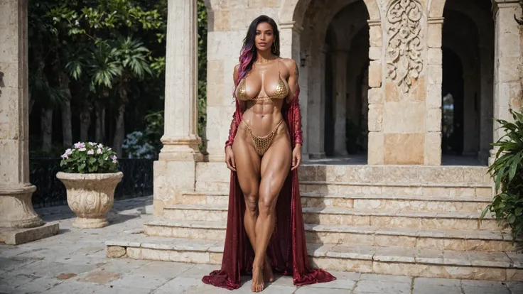 gorgeous  black woman,beautiful face, black lips, very long  black hair with purple highlights, warm smile, parted lips, large jade green eyes,muscular female, toned, (dark skin), large tattoos, tanlines,natural breasts, sagging breasts,sitting on a fountain in a town square,(wearing transparent red robe), wearing gold chainmail  bikini,full_body, (full body shot), whole body, full body, sfw,, score_9, score_8_up, score_7_up, score_6_up