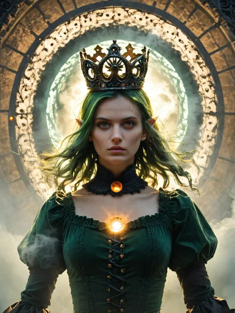 Portrait of a (green haired elf:1.4) princess with a dark metal crown and victorian dress in front of a glowing portal, surrounded by mist and smoke, high resolution photography, movement, wind, backlit, orange lights, album poster composition, epic realism, small details zPDXL2