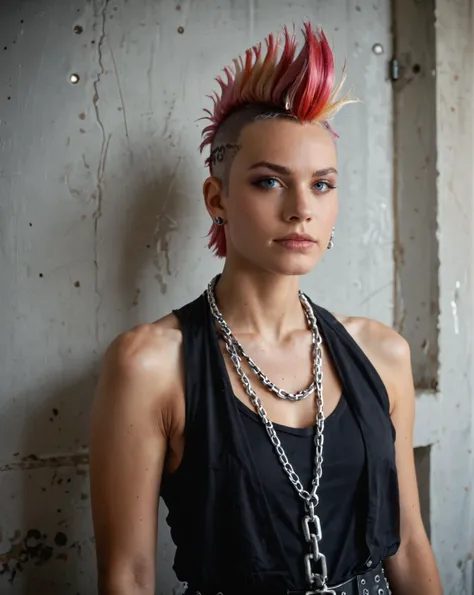 punk outfit, colored Mohawk hair, chain necklace, atmospheric, cinematic, high detail, masterpiece,, (raw,score_8_up),photo, raw,realistic