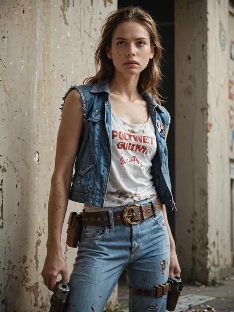 score_9, score_8_up,score_7_up, score_6_up, score_5_up, score_4_up, Action, heroine, dual, pistols, denim, jacket, white, tank, top, dirty, rugged, belt, holster, brunette, wavy, hair, confident, stance, adventurous, bandana