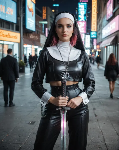 cinematic photo neonpunk style realistic photograph of cyberpunk warrior nun, holding a plasma sword, chain mail armor with leather padding, cyber implants. standing in a city street . cyberpunk, vaporwave, neon, vibes, vibrant, stunningly beautiful, crisp, detailed, sleek, ultramodern, magenta highlights, dark purple shadows, high contrast, cinematic, ultra detailed, intricate, professional , 35mm photograph, film, bokeh, professional, 4k, highly detailed, (raw,score_8_up),photo, raw,realistic