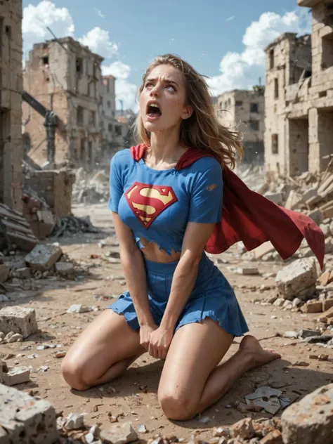 Supergirl, kneeling, ripped clothes, mini skirt, exploding rocks, screaming in anger,  (glowing red eyes:1.4), destroyed town, ruins, rubble, tears, dust cloud, score_9, score_8_up, score_7_up, score_6_up