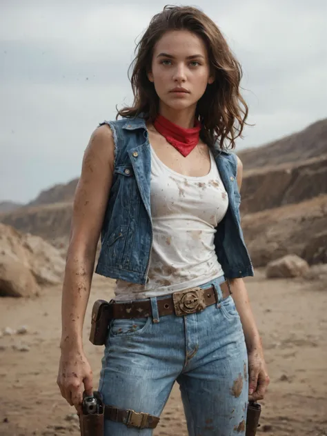 Action, heroine, dual, pistols, denim, jacket, white, tank, top, dirty, rugged, belt, holster, brunette, wavy, hair, confident, stance, adventurous, bandana, score_9, score_8_up, score_7_up, score_6_up