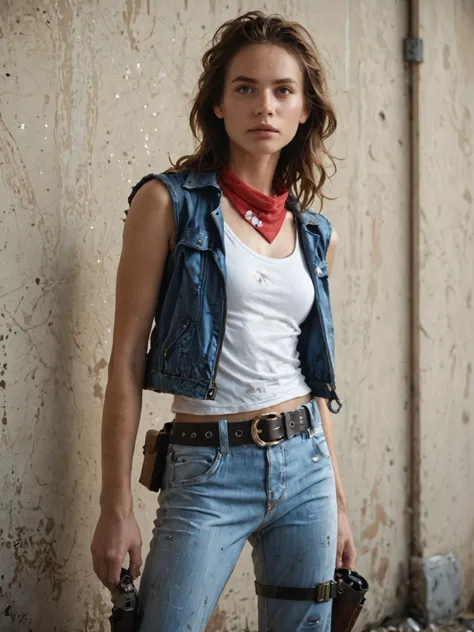 Action, heroine, dual, pistols, denim, jacket, white, tank, top, dirty, rugged, belt, holster, brunette, wavy, hair, confident, stance, adventurous, bandana, score_9, score_8_up, score_7_up, score_6_up