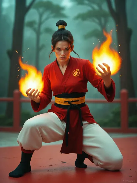 1girl, Fire bender, sexy outfit, flames, sparks, dynamic, powerful, elemental, magic, intense, gaze, martial arts stance, energetic, mystical, sparks, swirling, orange, red, fierce, background, realistic, score_9, score_8_up, score_7_up, score_6_up