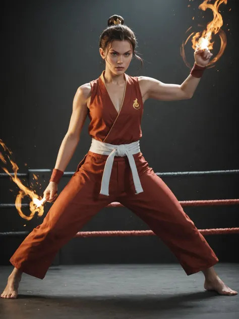 1girl, Fire bender, sexy outfit, flames, sparks, dynamic, powerful, elemental, magic, intense, gaze, martial arts stance, energetic, mystical, sparks, swirling, orange, red, fierce, background, realistic, score_9, score_8_up, score_7_up, score_6_up