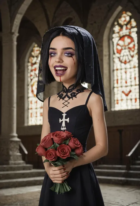 score_9, score_8_up, score_7_up, score_6_up, sam manson, solo, purple lipstick, black hair, young, purple eyes, short hair, evil laugh, red makeup, wearing a black dress, black veil veil, blood on clothes, holding a bouquet of bloody roses, inside of a dark church, skeletons, fire on the walls, <lora:Sam_Manson:0.68>