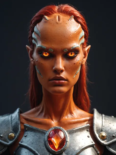 Surrealist art (Alien female warrior:1.8), armored, metallic, fiery, red hair, intense eyes, orange gem, freckles, dark background, ethereal, mysterious, fierce. Dreamlike, mysterious, provocative, symbolic, intricate, detailed zPDXL2