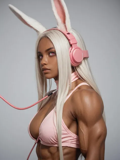 from side, 1girlrumi usagiyama, long hair, animal ears, white hair, dark skin, rabbit ears, dark-skinned female, muscular, rabbit girl, muscular female, parted bangs,expressionless,pink visor,glowing visor,headphones ,wire,standing , (empty eyes, pink eyes, no pupils),  looking at the viewer,photo, raw,realistic, score_9, score_8_up, score_7_up, score_6_up