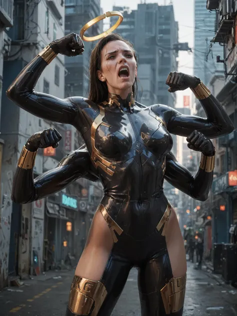 woman,(has six arms), dynamic, halo, gold, shouting, black bodysuit, cyberpunk, score_9, score_8_up, score_7_up, score_6_up