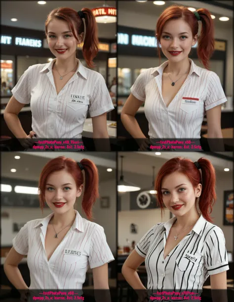 embedding:zPDXLrl, analog photo, neon lighting, 1girl, happy expression, upper body, red hair, side ponytail, tied shirt, hand on waist, 50s diner, waitress, freckles, vertical stripes, light green eyes, nail polish, (black nails:1.25), necklace, red lips, (smile:1.1), flirty, name tag, pen, highly detailed, 4k