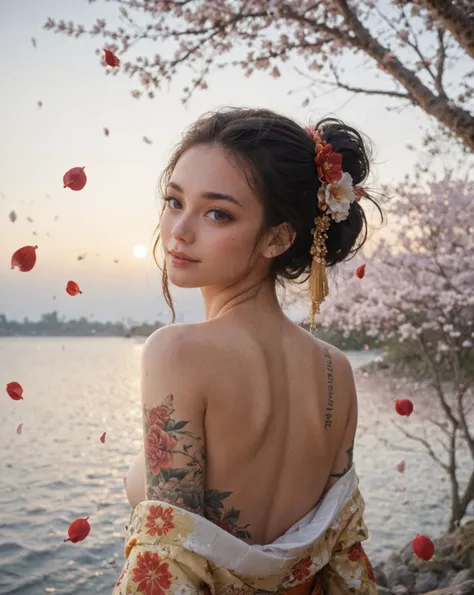 Japanese teenage girl, floral kimono, exposed shoulders, from behind, beautiful face, thick eyelashes, glossy eyes, black hair, cute smile, dark eyeshadow, shoulders tattoos, back tattoos, floral decoration in hair, falling petals, beautifully backlit, wideshot, lake background, score_9, score_8_up, score_7_up, score_6_up