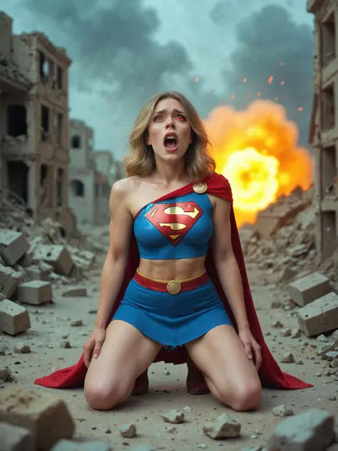 Supergirl, kneeling, ripped clothes, mini skirt, exploding rocks, screaming in anger,  (glowing red eyes:1.4), destroyed town, ruins, rubble, tears, dust cloud, score_9, score_8_up, score_7_up, score_6_up