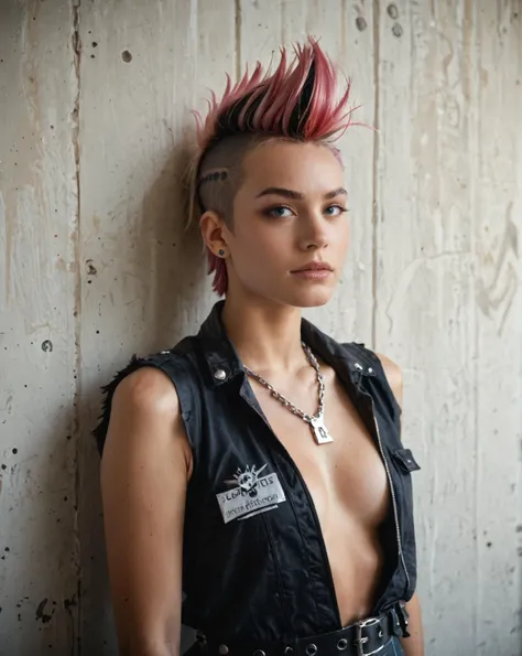 punk outfit, colored Mohawk hair, chain necklace, atmospheric, cinematic, high detail, masterpiece, photo, raw,realistic, score_9, score_8_up, score_7_up, score_6_up, photo, raw, realistic