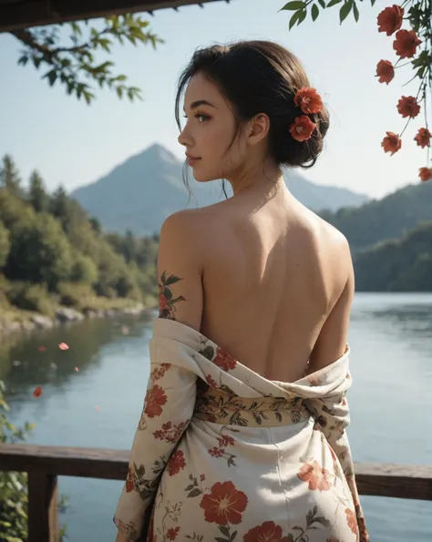 Japanese teenage girl, floral kimono, exposed shoulders, from behind, beautiful face, thick eyelashes, glossy eyes, black hair, cute smile, dark eyeshadow, shoulders tattoos, back tattoos, floral decoration in hair, falling petals, beautifully backlit, wideshot, lake background, score_9, score_8_up, score_7_up, score_6_up