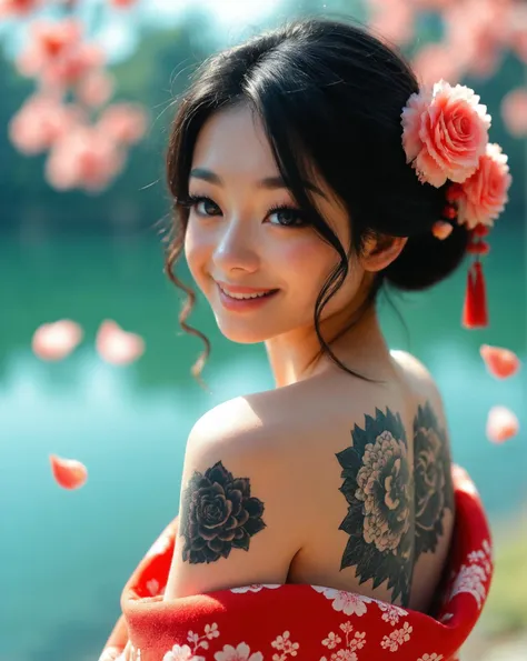 Japanese teenage girl, floral kimono, exposed shoulders, from behind, beautiful face, thick eyelashes, glossy eyes, black hair, cute smile, dark eyeshadow, shoulders tattoos, back tattoos, floral decoration in hair, falling petals, beautifully backlit, wideshot, lake background, score_9, score_8_up, score_7_up, score_6_up