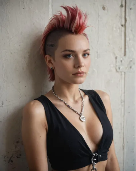 punk outfit, colored Mohawk hair, chain necklace, atmospheric, cinematic, high detail, masterpiece, photo, raw,realistic, score_9, score_8_up, score_7_up, score_6_up, photo, raw, realistic