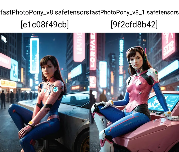 D.Va, sitting, hand, robot, futuristic, urban, skyscrapers, blue suit, pink suit, relaxed, confident, battle-worn, mech, large hand, neon lights, city, combat., score_9, score_8_up, score_7_up, score_6_up
