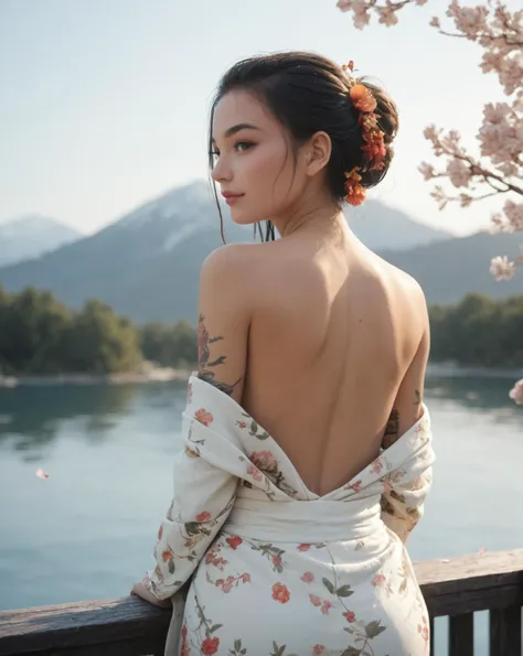 Japanese teenage girl, floral kimono, exposed shoulders, from behind, beautiful face, thick eyelashes, glossy eyes, black hair, cute smile, dark eyeshadow, shoulders tattoos, back tattoos, floral decoration in hair, falling petals, beautifully backlit, wideshot, lake background, score_9, score_8_up, score_7_up, score_6_up