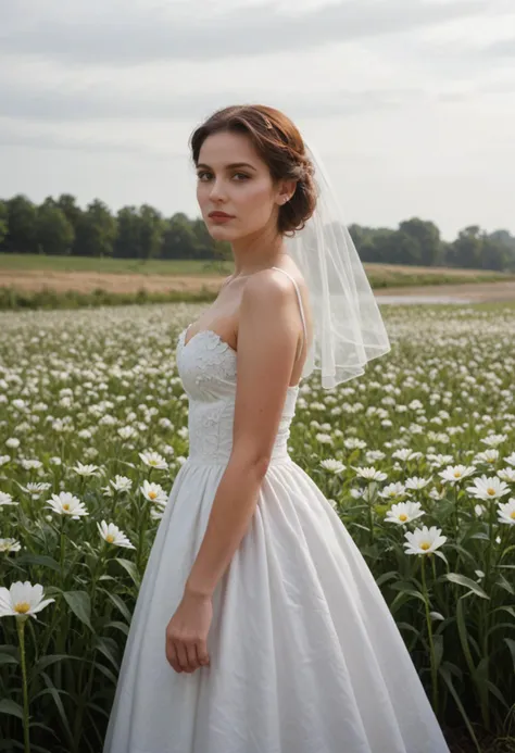 Picture a vast field of richly colored flowers,captured with a vintage film camera aesthetic,giving the image a classic,grainy texture reminiscent of analog photography,In this field,portrait photo of a woman with White wedding dress,dress is surrounded by a sea of dense blooms,all in varying shades of red,burgundy,and purple,The flowers fill the scene completely,with no visible foliage,creating an impression of a timeless,endless floral expanse,The colors are slightly muted and the contrasts softened,as if faded over time,to enhance the nostalgic,film-like quality of the photograph,