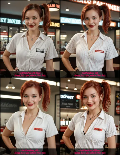embedding:zPDXLrl, analog photo, neon lighting, 1girl, happy expression, upper body, red hair, side ponytail, tied shirt, hand on waist, 50s diner, waitress, freckles, vertical stripes, light green eyes, nail polish, (black nails:1.25), necklace, red lips, (smile:1.1), flirty, name tag, pen, highly detailed, 4k