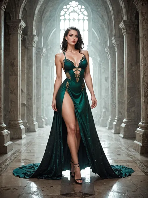 A beautiful illustration of an elegant woman in a dark green gown, with long black hair, glowing emerald eyes and pale skin. It is a full body shot with a fantasy background and fantasy art aesthetic. The full-length portrait features glowing light effects, a magical atmosphere, dark shadows and glowing smoke clouds in the fantasy setting and style,, score_9, score_8_up, score_7_up, score_6_up