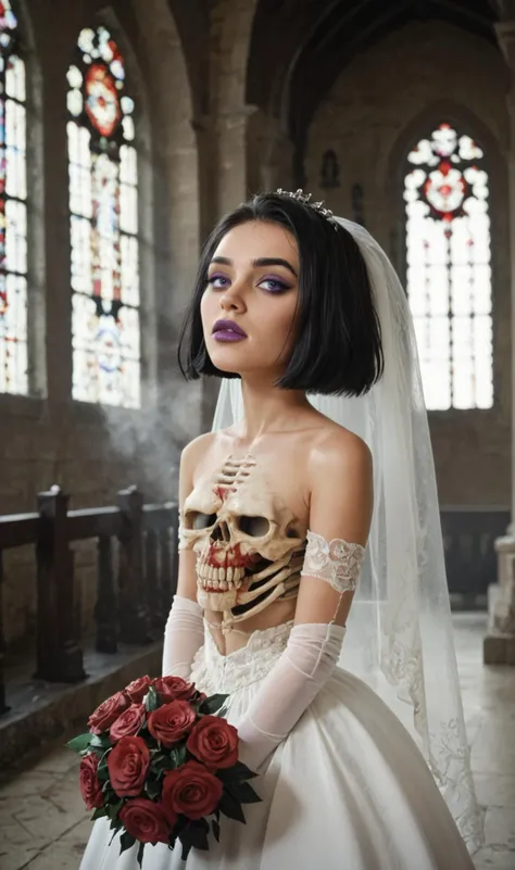 score_9, score_8_up, score_7_up, score_6_up, sam manson, solo, purple lipstick, black hair, young, purple eyes, short hair, makeup, wearing a black wedding dress, holding a bouquet of red bloody roses, inside of a old church, skeletons, fog, fire, looking up at viewer, <lora:Sam_Manson:0.68>