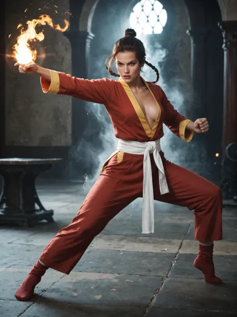 1girl, Fire bender, sexy outfit, flames, sparks, dynamic, powerful, elemental, magic, intense, gaze, martial arts stance, energetic, mystical, sparks, swirling, orange, red, fierce, background, realistic, score_9, score_8_up, score_7_up, score_6_up