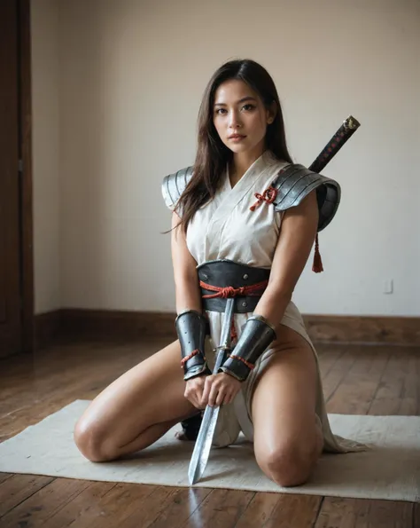 Role-playing game (RPG) style fantasy 1girl, Asian, female Mulan in samurai armor kneeling on the floor holding a sword with both hands , Detailed, vibrant, immersive, reminiscent of high fantasy RPG games, score_9, score_8_up, score_7_up, score_6_up, photo, raw, realistic