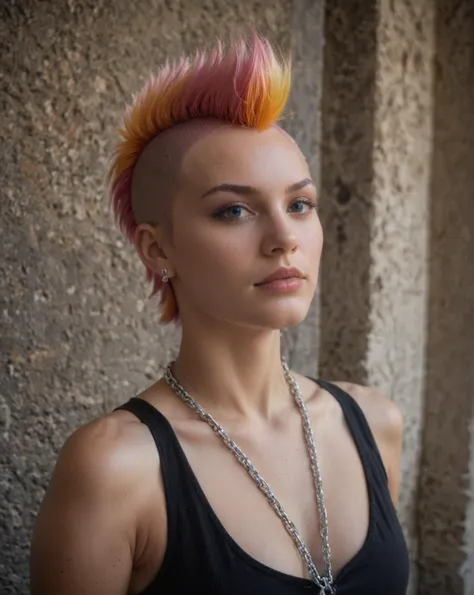 punk outfit, colored Mohawk hair, chain necklace, atmospheric, cinematic, high detail, masterpiece, photo, raw,realistic, score_9, score_8_up, score_7_up, score_6_up, photo, raw, realistic