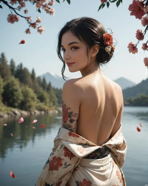 Japanese teenage girl, floral kimono, exposed shoulders, from behind, beautiful face, thick eyelashes, glossy eyes, black hair, cute smile, dark eyeshadow, shoulders tattoos, back tattoos, floral decoration in hair, falling petals, beautifully backlit, wideshot, lake background, score_9, score_8_up, score_7_up, score_6_up